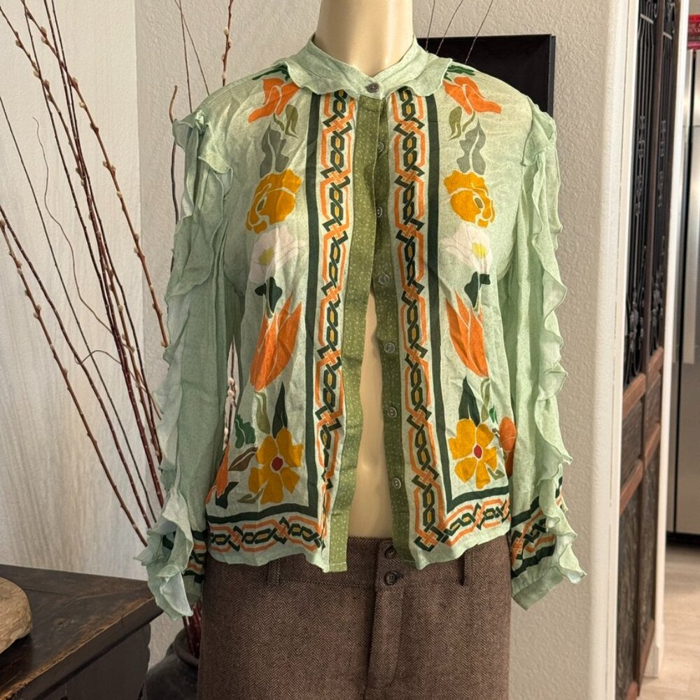 anthropologie: bl-nk LONDON mint green w/ orange blooms , Long Sleeved BLOUSE